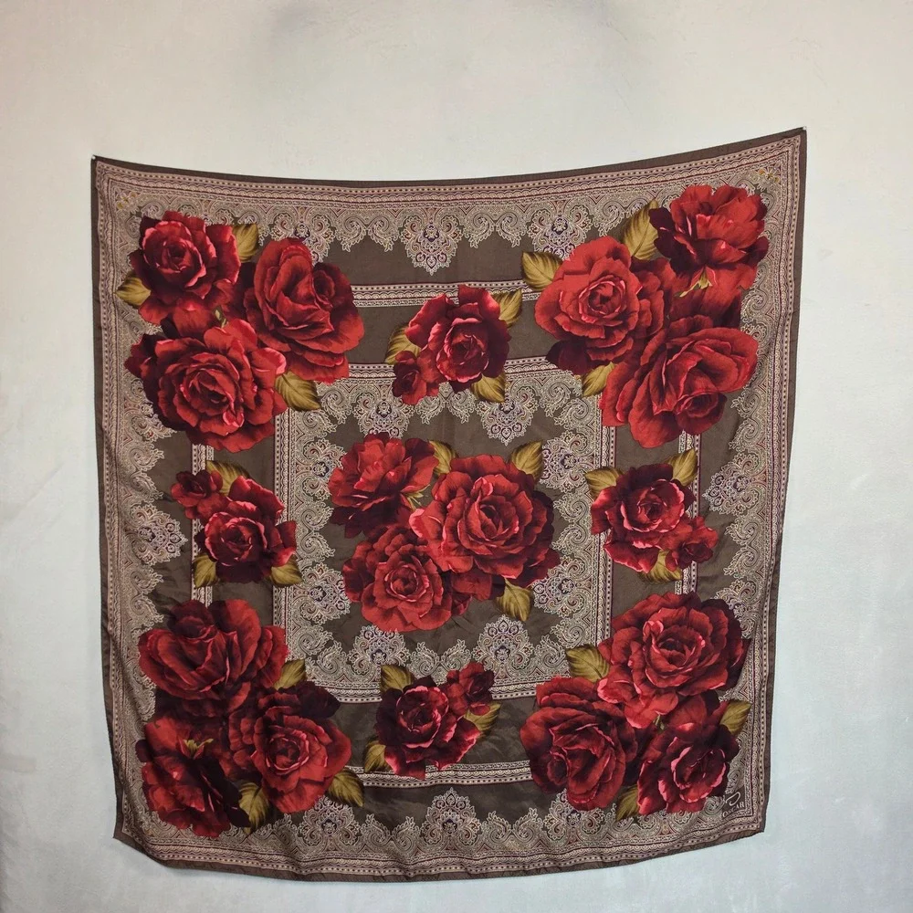 Oscar Scarf Womens 34x34 Brown Red Rose Floral Paisley Romantic Cottagecore